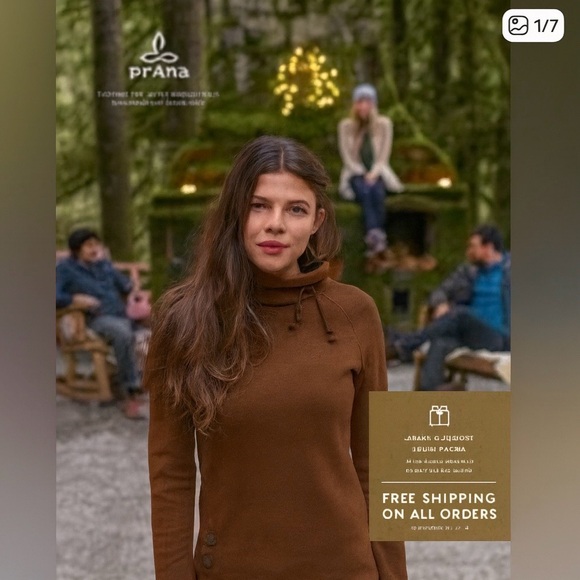 🧡 Prana Wool Blend Funnel Neck Sweater – Brown Herringbone – Size Small - Picture 2 of 7